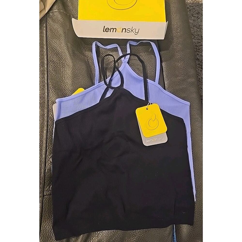 2 Pk Lemonsky Criss Cross Tank Tops Size Large Black & Purple NWT Nylon Spandex